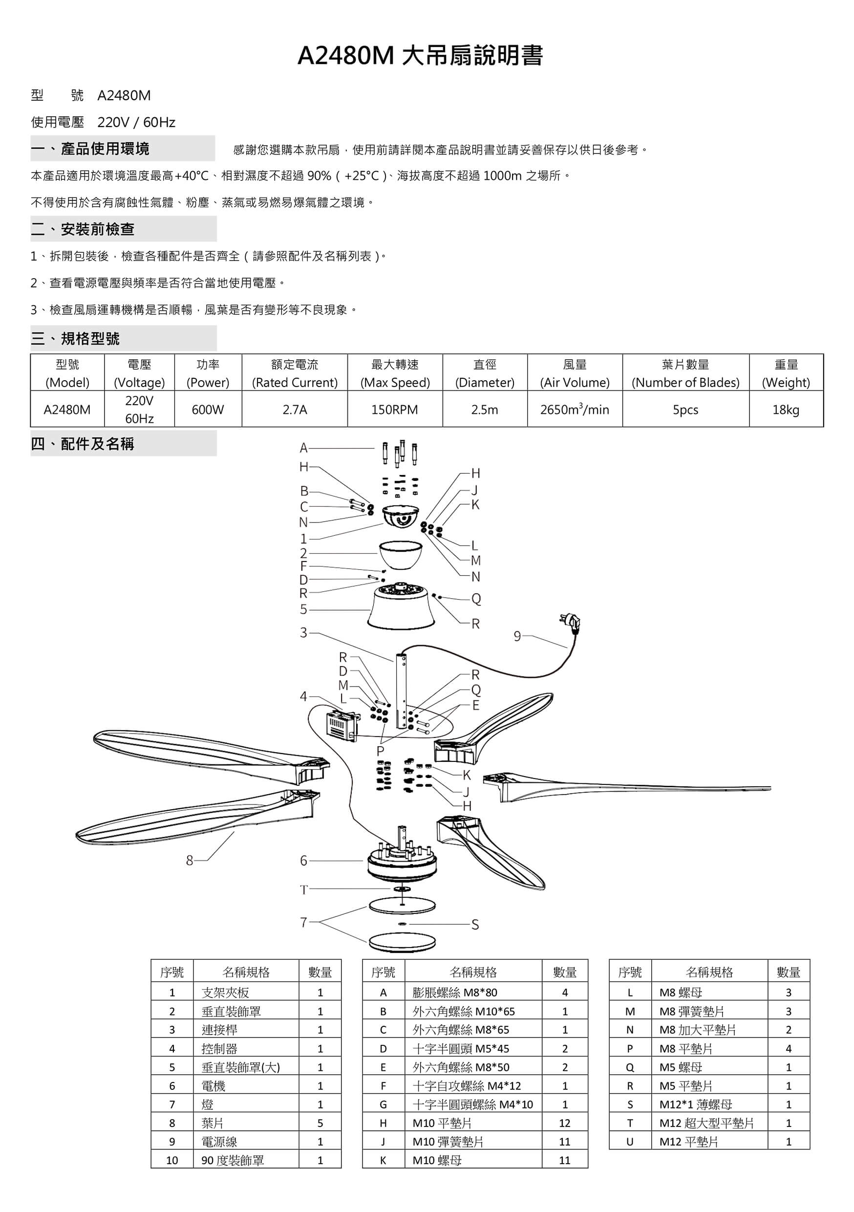 A2480M吊扇說明書